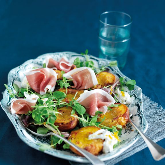 Parma-Ham-and-Burrata-Salad-with-Roasted-Peaches-and-Pea-Shoots- consorzio del prosciutto di parma