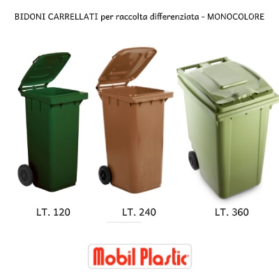 grigio verde UNI EN 840 Bidone carrellato per la raccolta differenziata rifiuti Mobil Plastic 120 Lt per uso esterno 