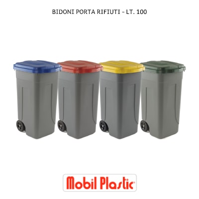 Bidone carrellato per la raccolta differenziata rifiuti Mobil Plastic 120 Lt per uso esterno grigio verde UNI EN 840 